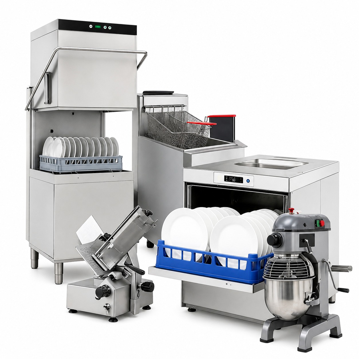 Conjunto de equipamentos de cozinha profissional: fritadeira, lava-louças, fatiador e batedeira industrial